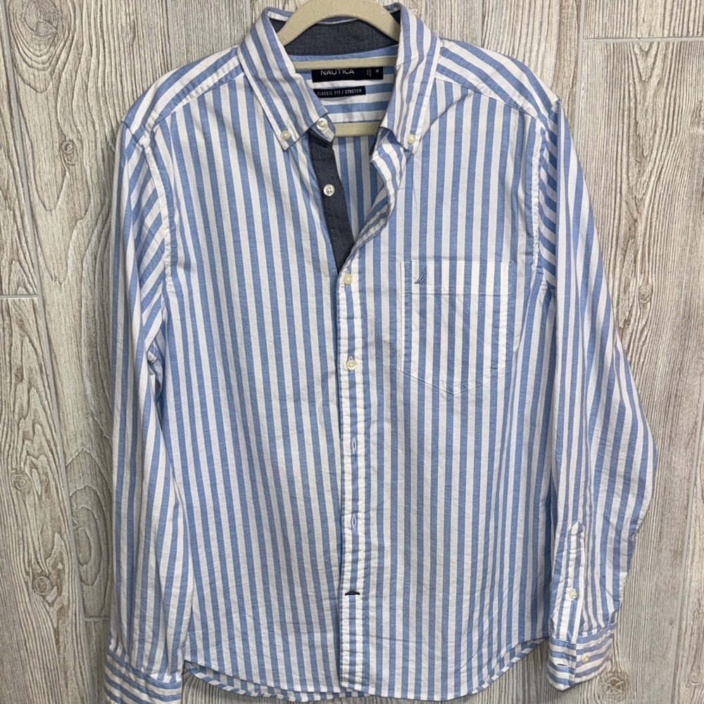 Nautica Men's Light Blue and White Striped Shirt